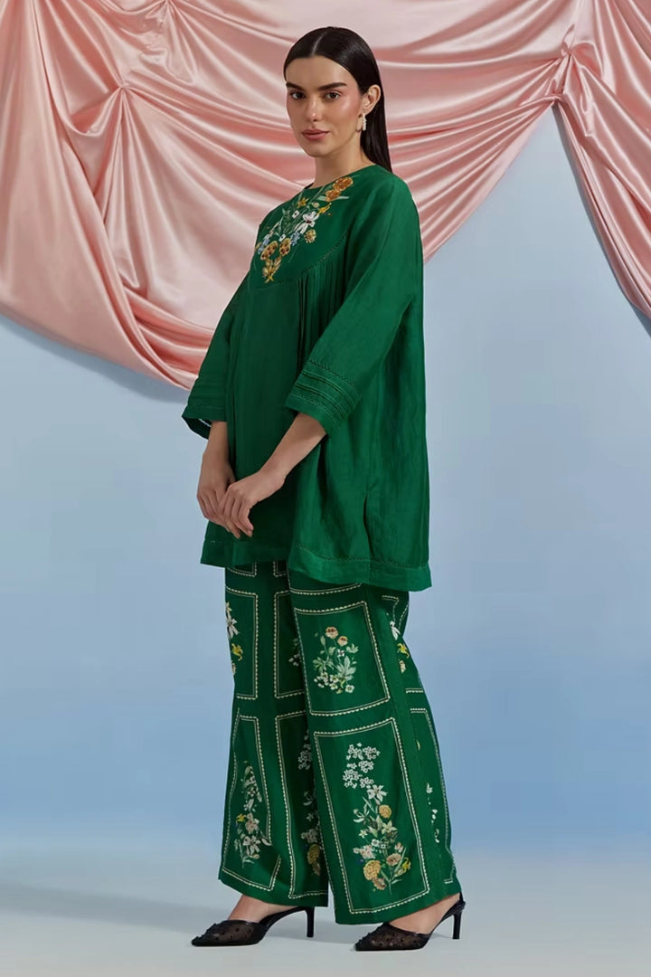Bouquet Pleated Top & Pant Set - Forest Green