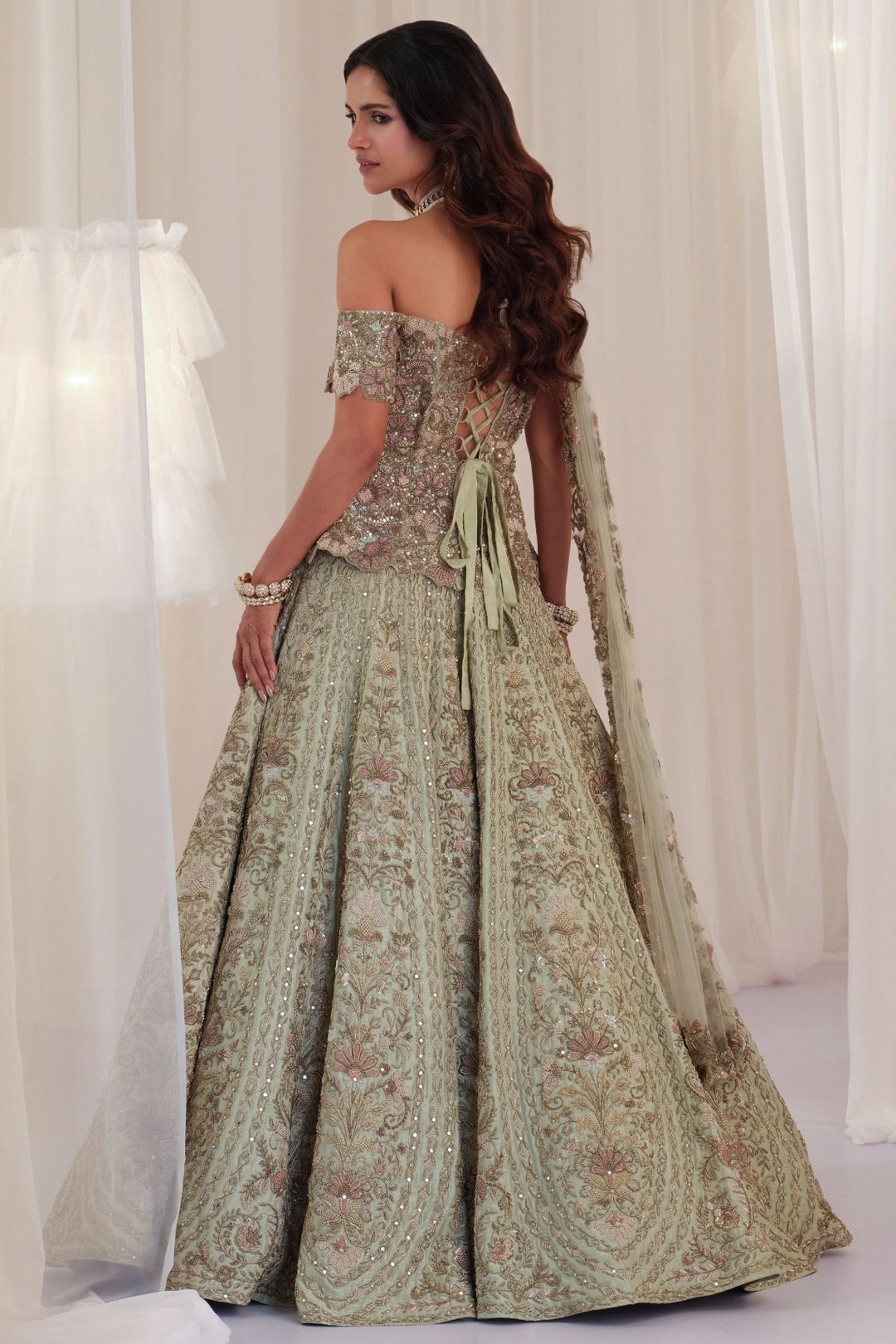 Sage Green Hand Embellished Peplum Corset with Lehenga & Dupatta