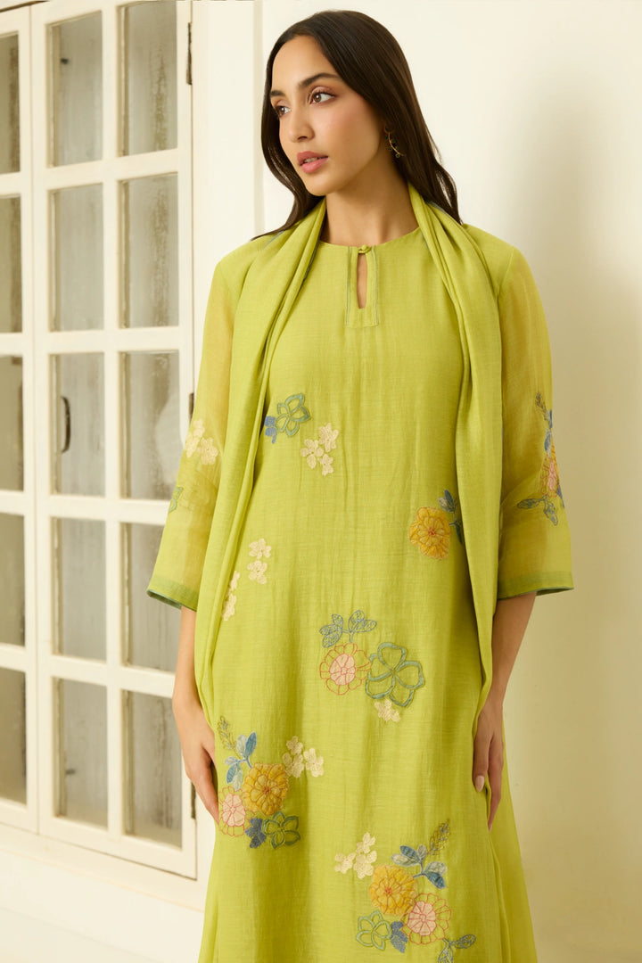Lime Applique Floral Kurta Set