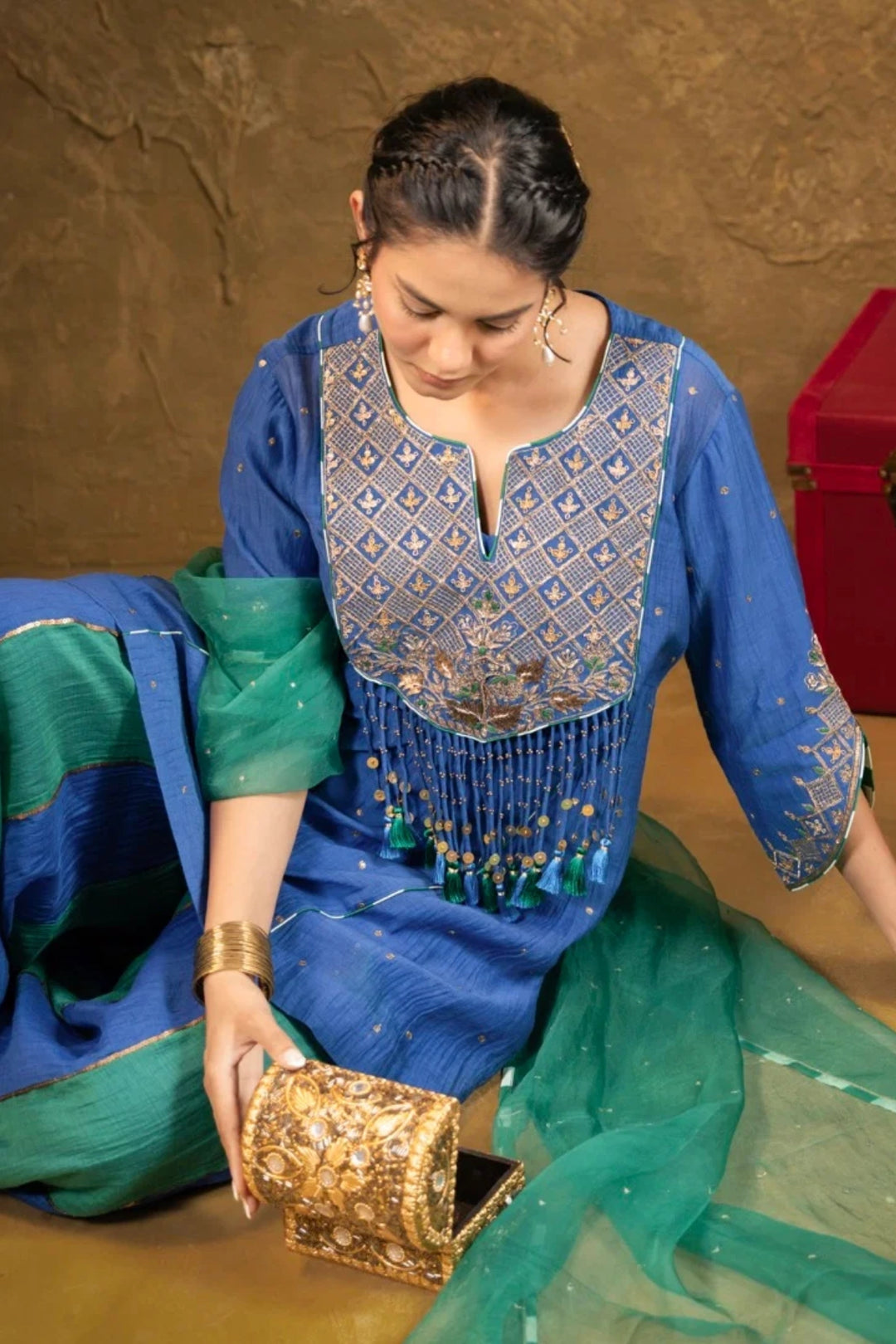 Antique Chowkadi Sharara Set - Blue + Green