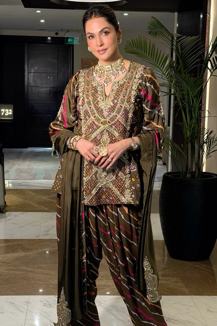 Isha Koppikar in Olive Aline Farshi Set