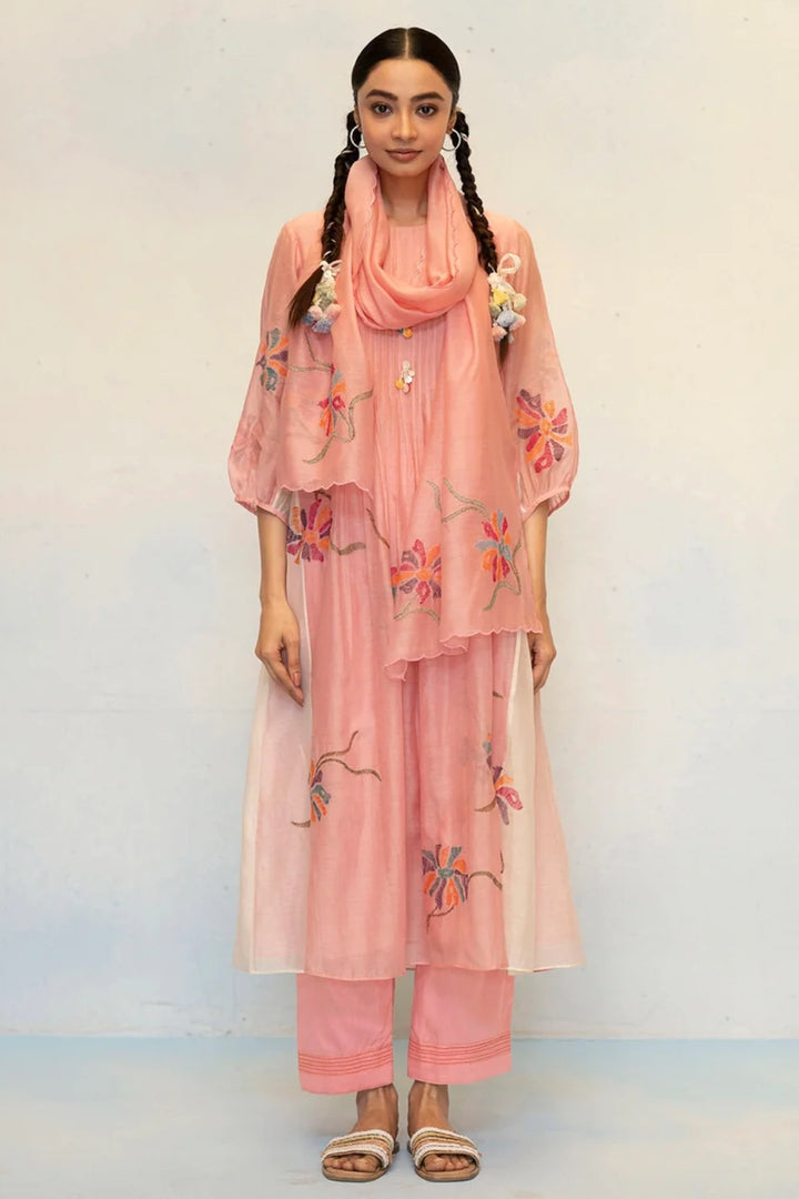 Meher Mul Chanderi Tunic Set in Pink