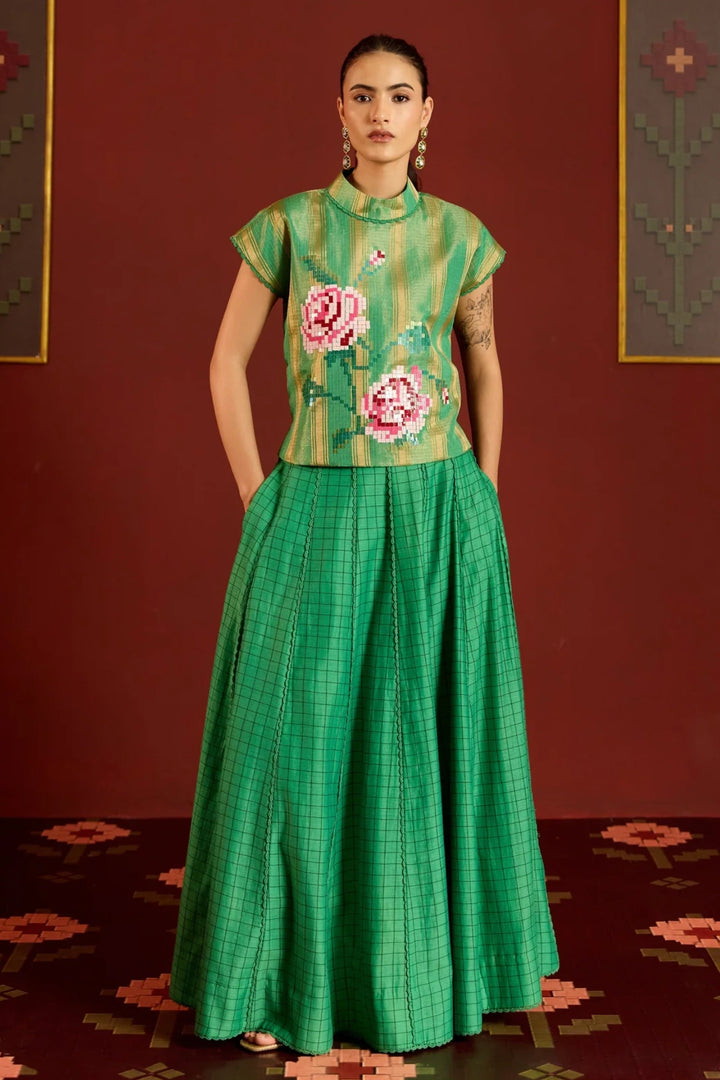 Green Zari Kota Crop Top + Skirt
