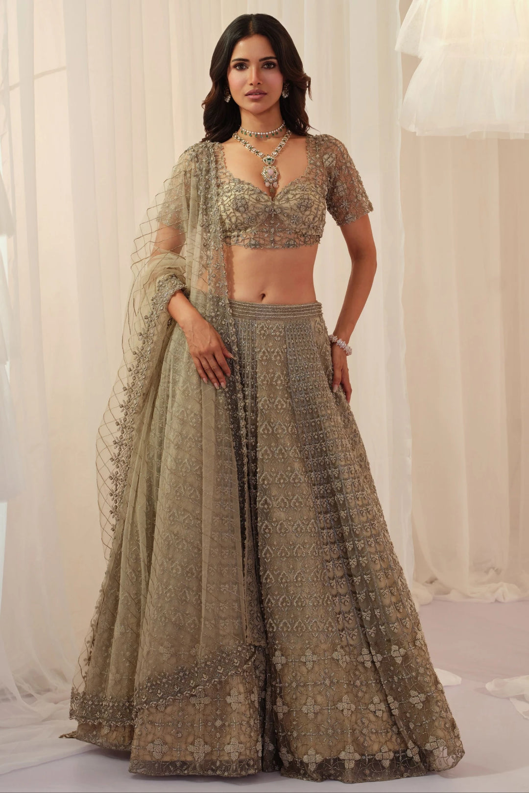 Beige French Knot Embellished Lehenga With Blouse & Dupatta