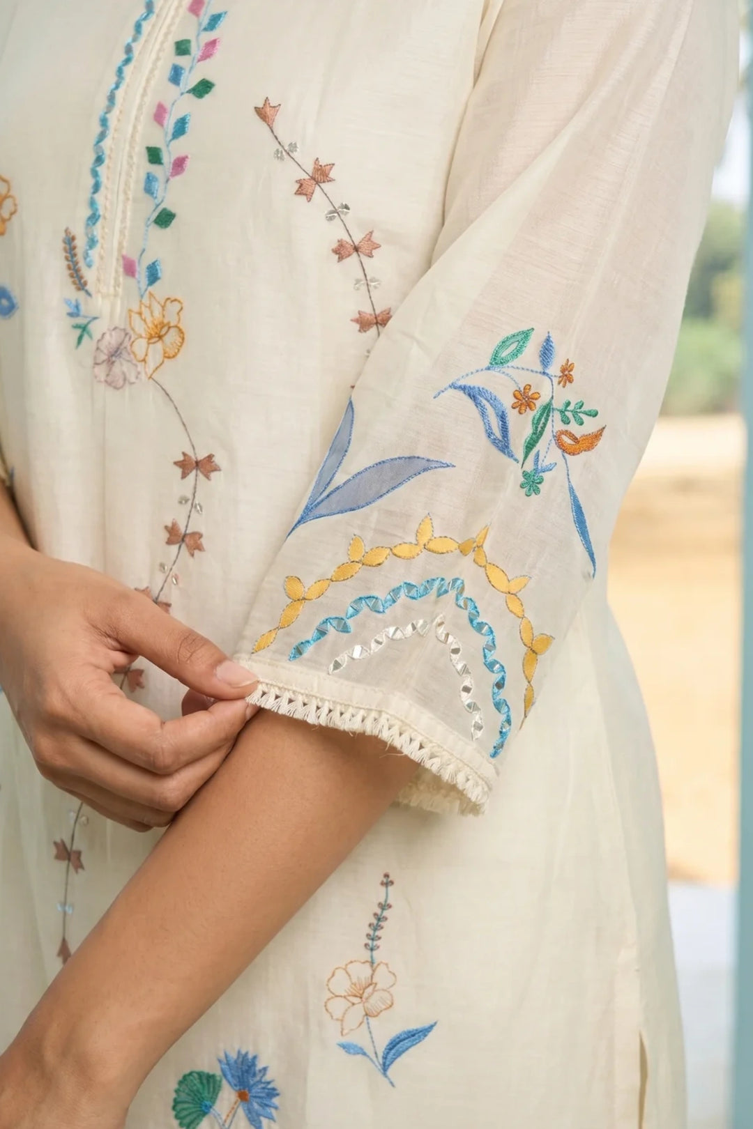 Ivory Applique and Cord Embroidered Kurta Set with Ombre Dupatta