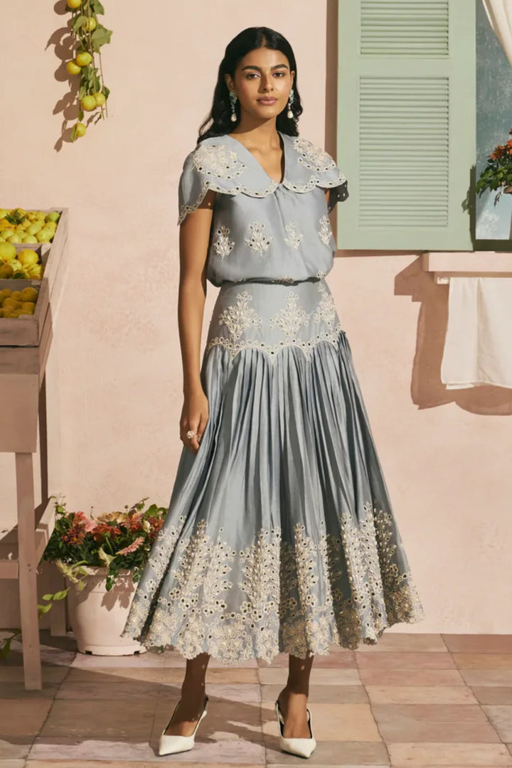 Powder Blue Contrast Cutwork Pleated Skirt