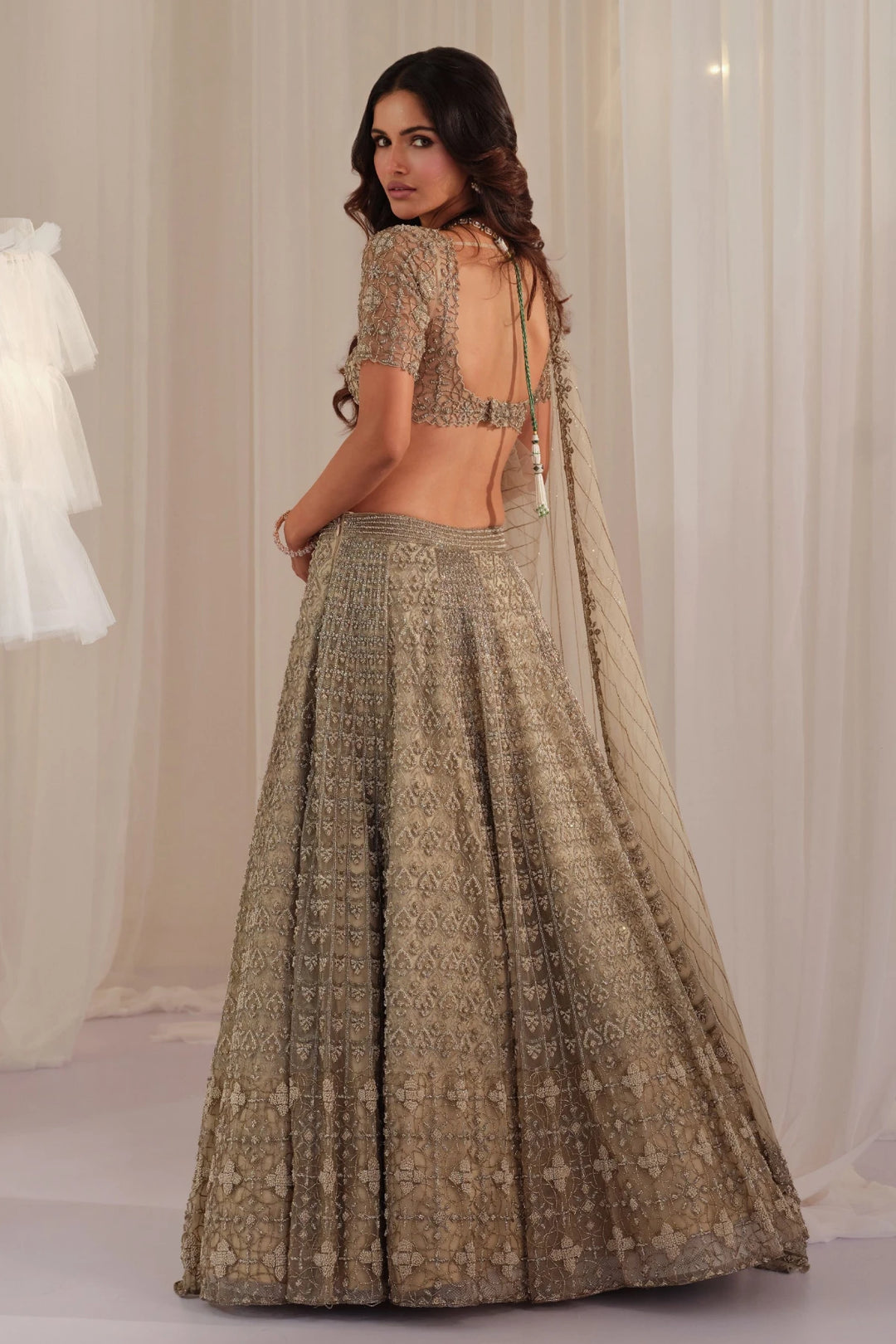 Beige French Knot Embellished Lehenga With Blouse & Dupatta