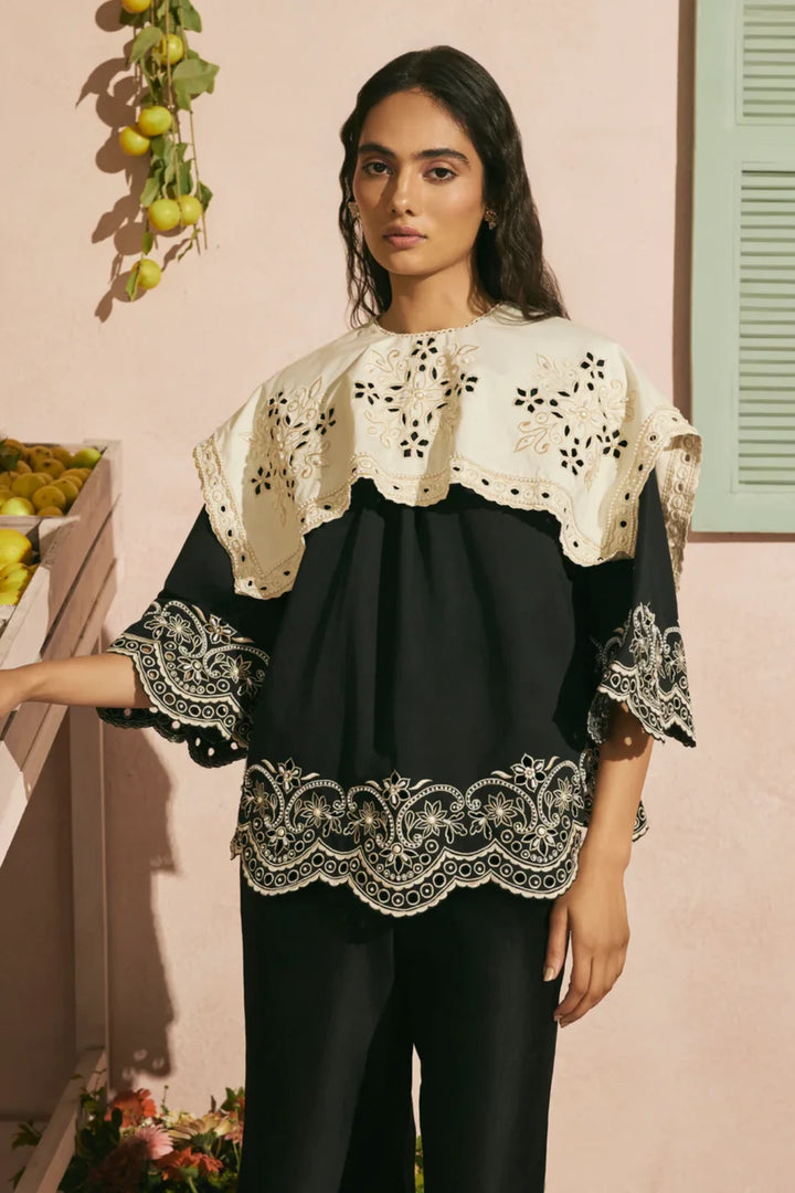 Black Contrast Cutwork Collar Top