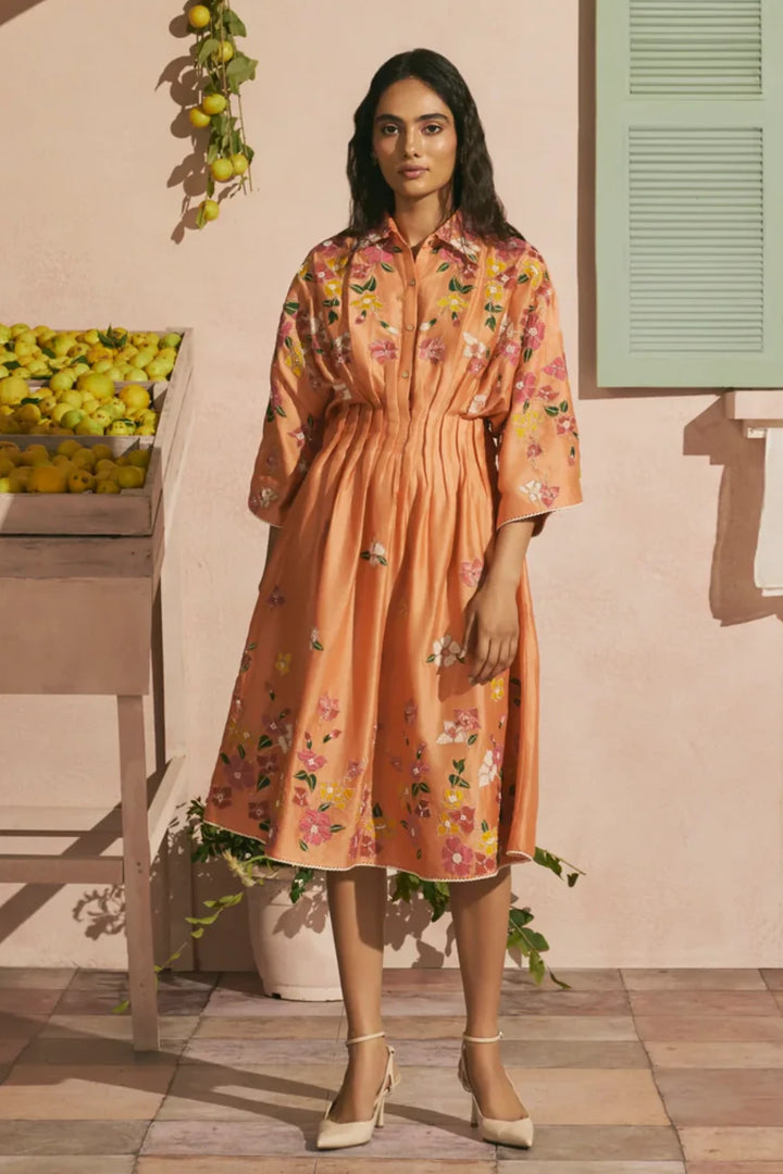 Orange Bougainvillea Pleated Dress