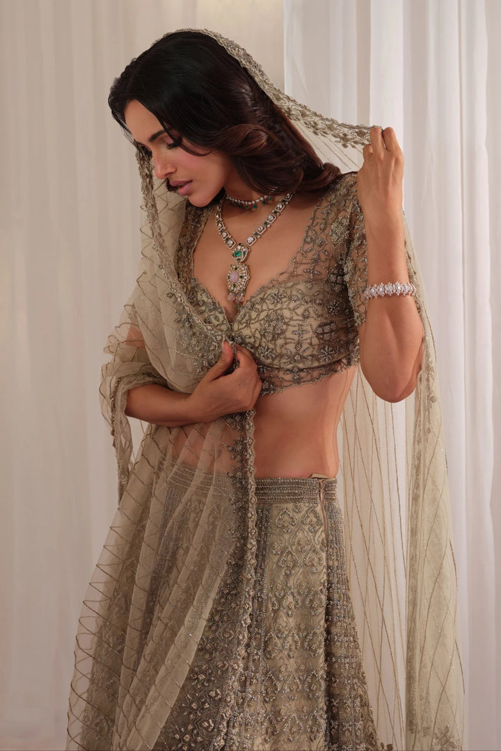 Beige French Knot Embellished Lehenga With Blouse & Dupatta
