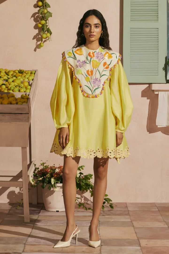Butter Yellow Short Dress with Tulip Cape