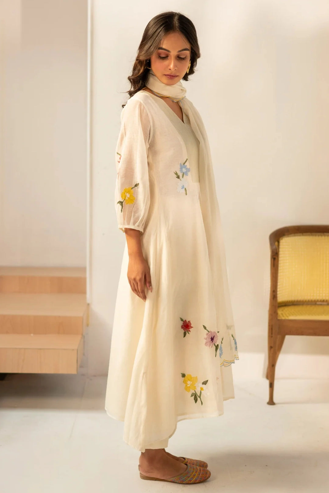 Zooni Mul chanderi Tunic Set in Off-white