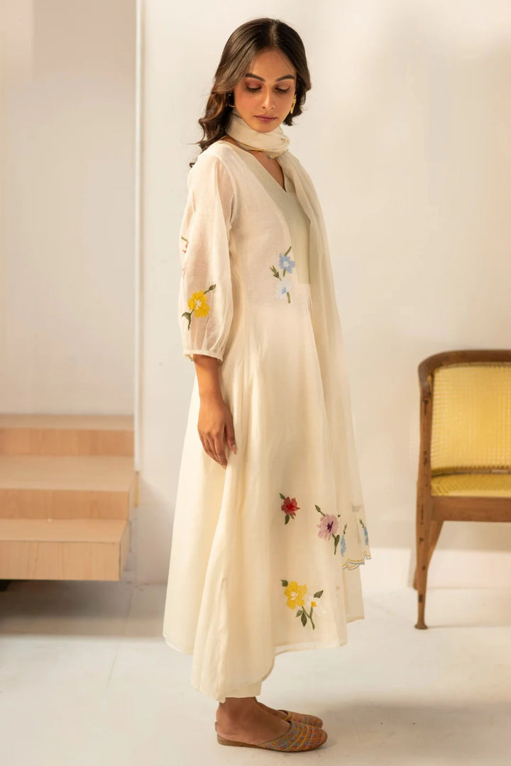 Zooni Mul chanderi Tunic Set in Off-white
