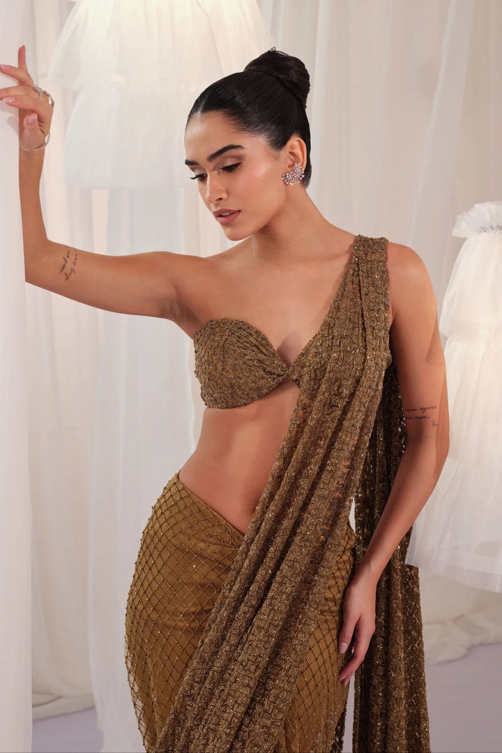 Olive Gold Draped Saree With Blouse