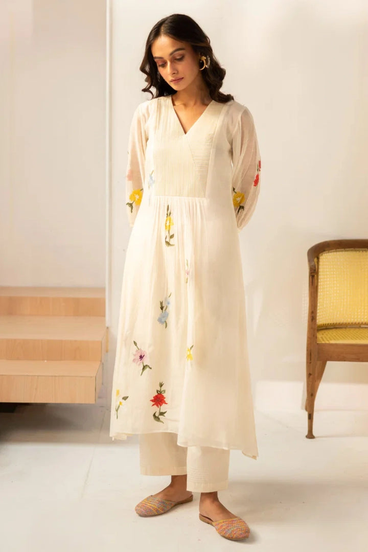 Zooni Mul chanderi Tunic Set in Off-white
