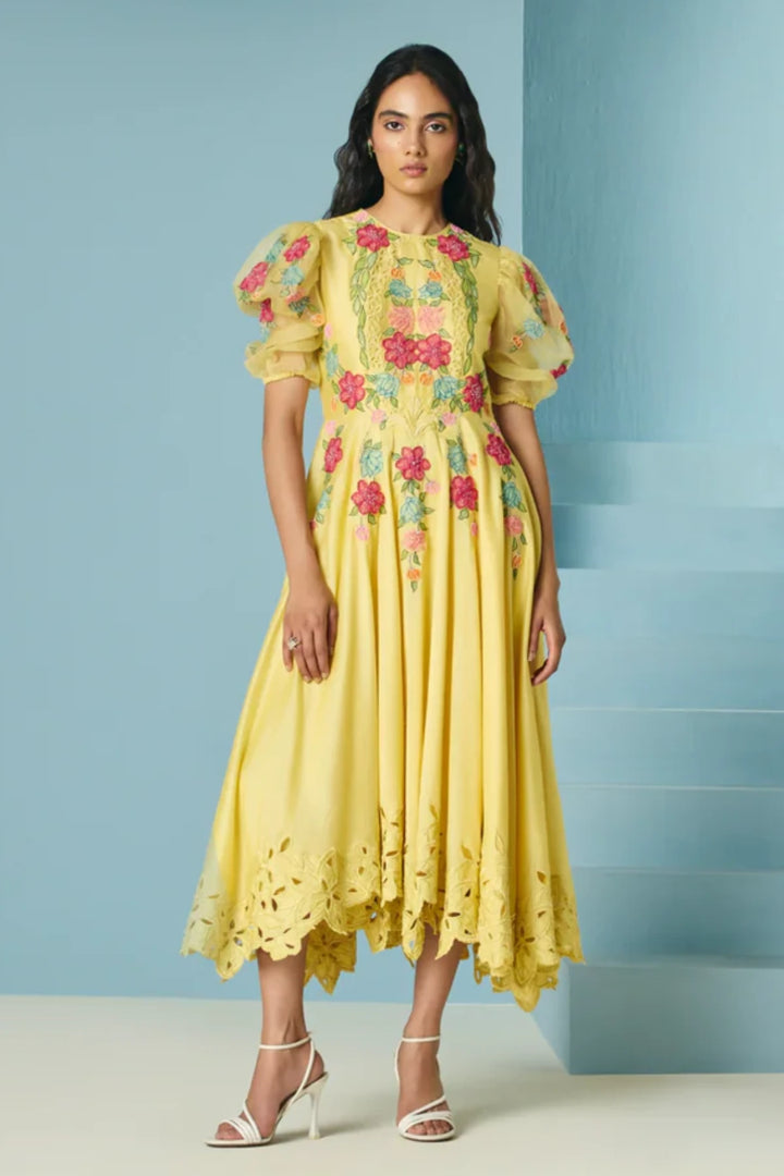 Butter Yellow Applique Flounce Dress