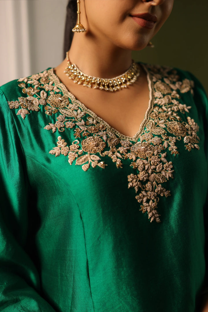 Orchid A-Line Kurta  Set - Bottle Green