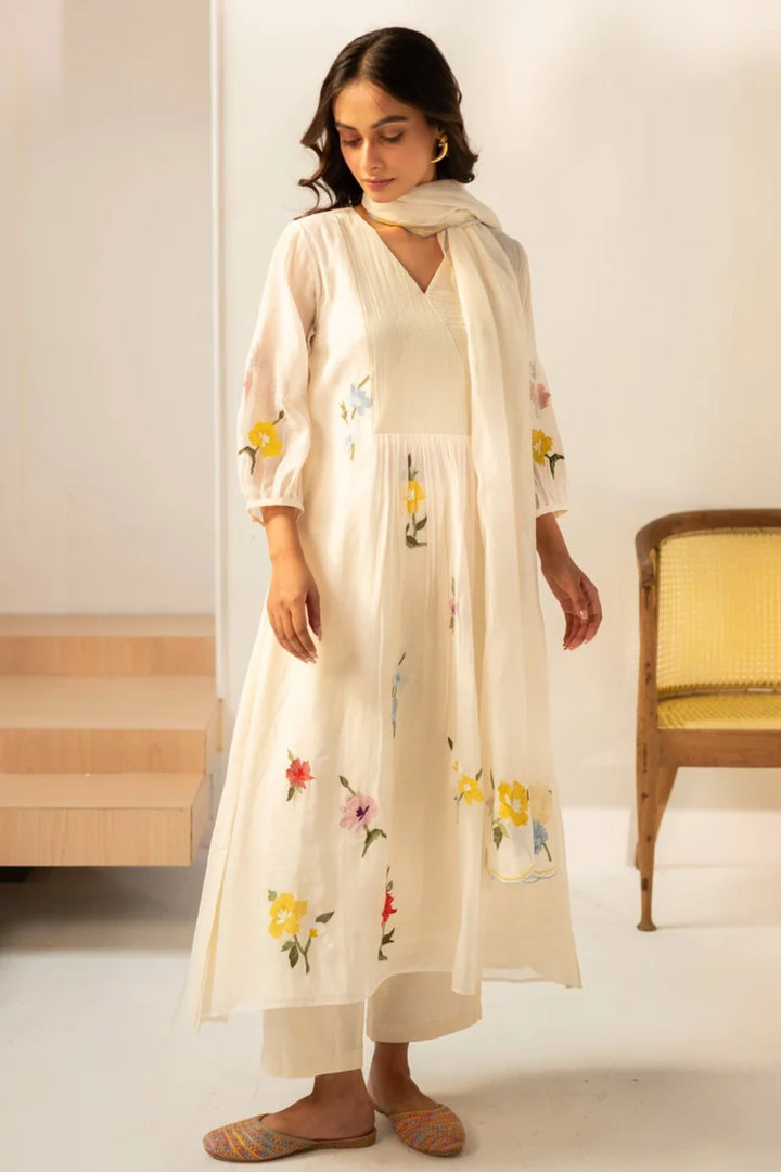 Zooni Mul chanderi Tunic Set in Off-white