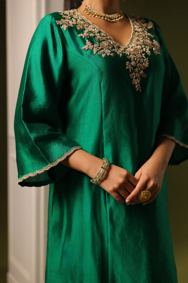Orchid A-Line Kurta  Set - Bottle Green