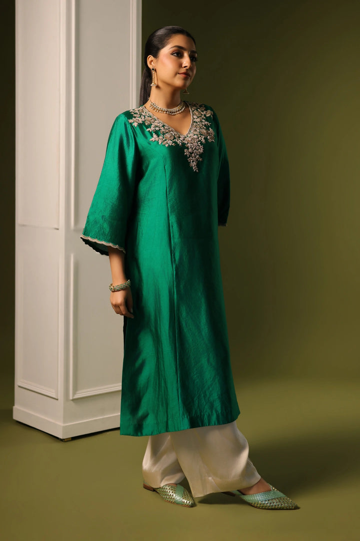 Orchid A-Line Kurta  Set - Bottle Green