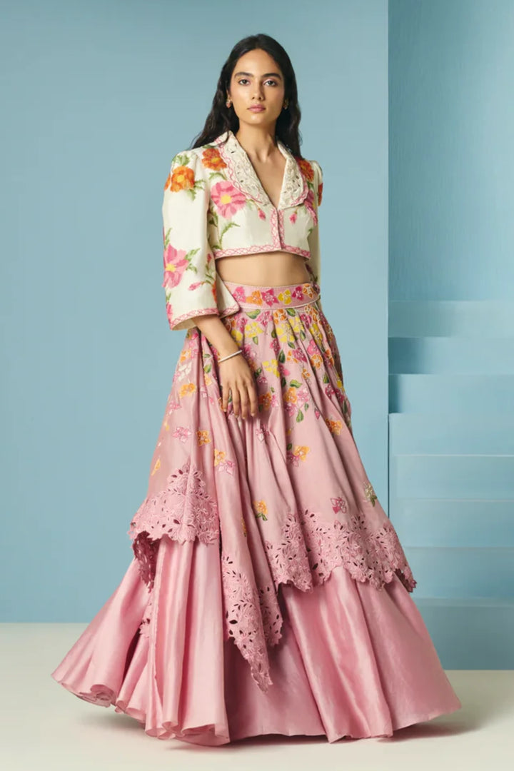 Blush Bougainvillea Layered Lehenga