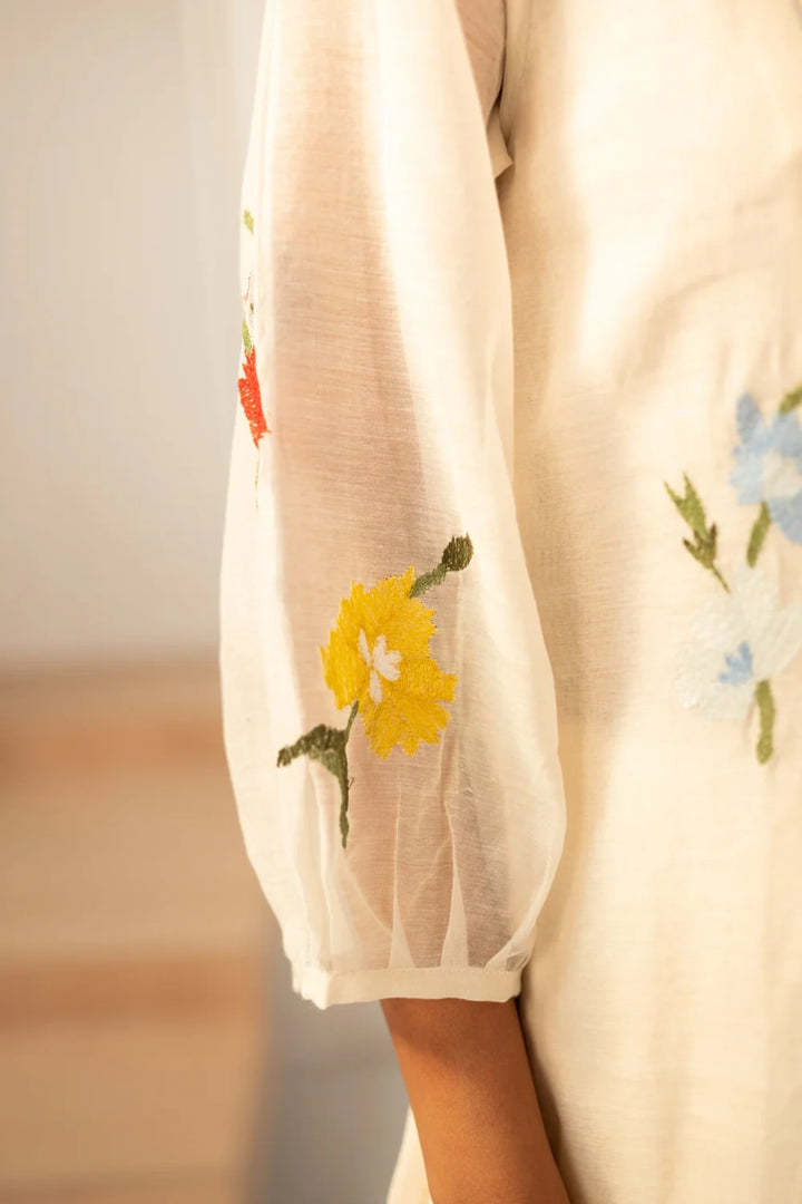 Zooni Mul chanderi Tunic Set in Off-white