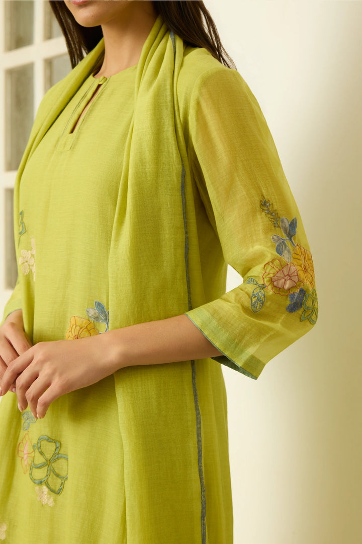 Lime Applique Floral Kurta Set