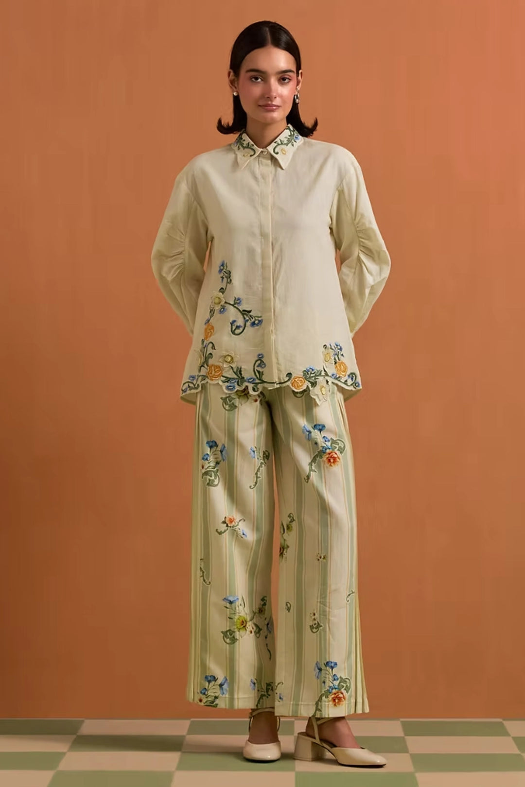 Aurelia Floral shirt and trouser set- Ivory