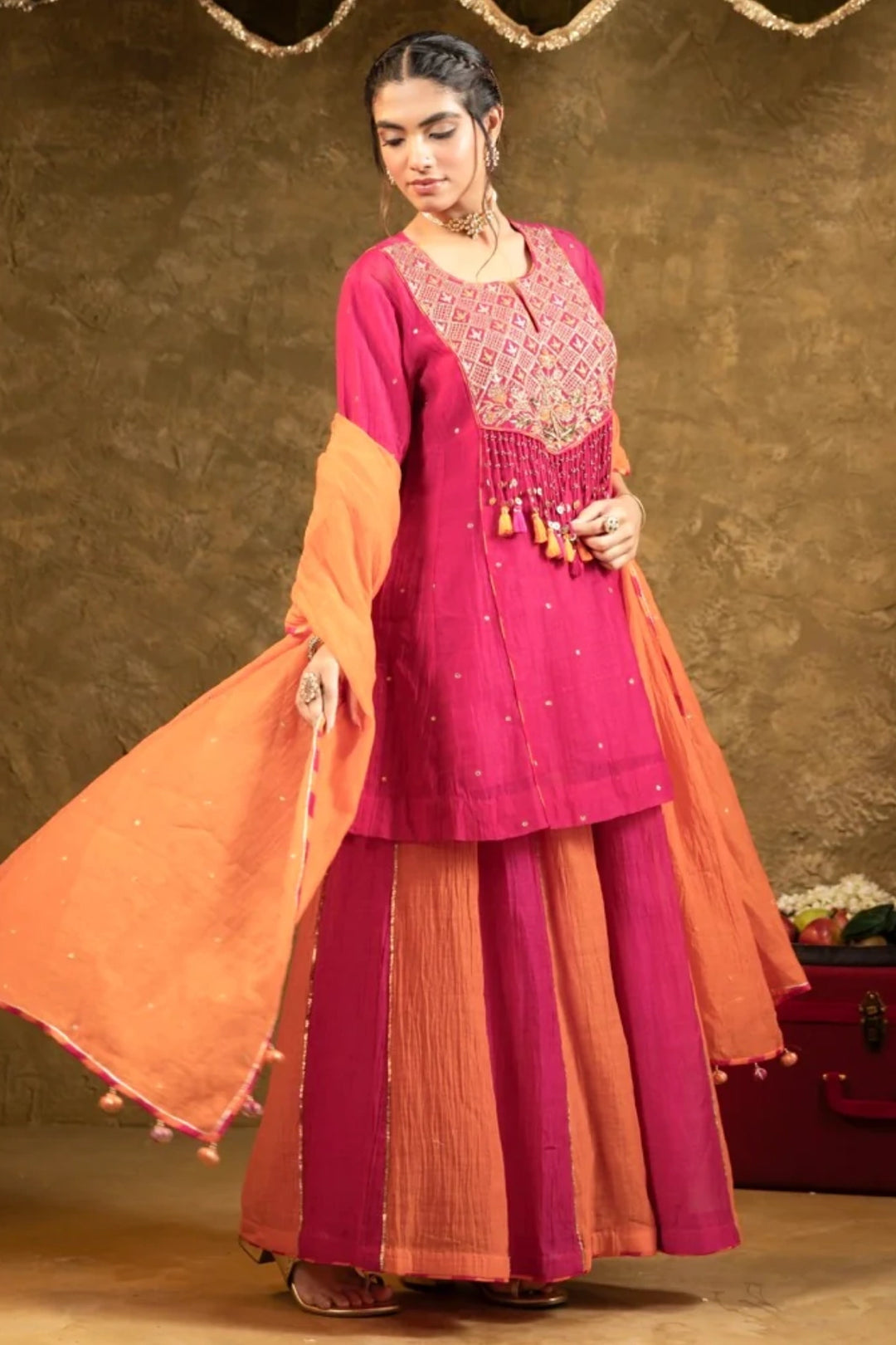 Antique Chowkadi Sharara Set - Pink + Orange