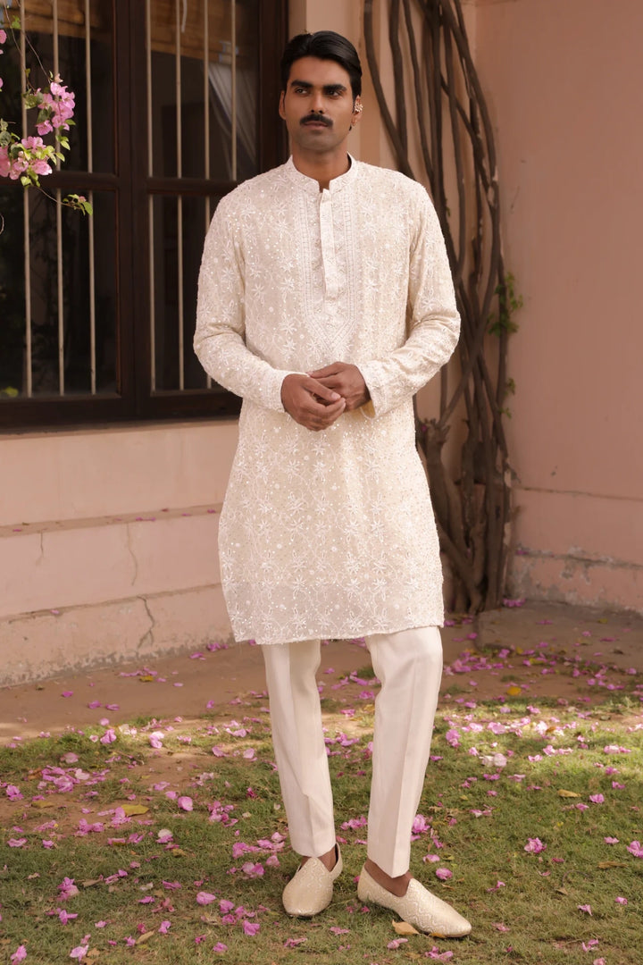 Ivory Pure & Premium Georgette Chikankari Men's Kurta