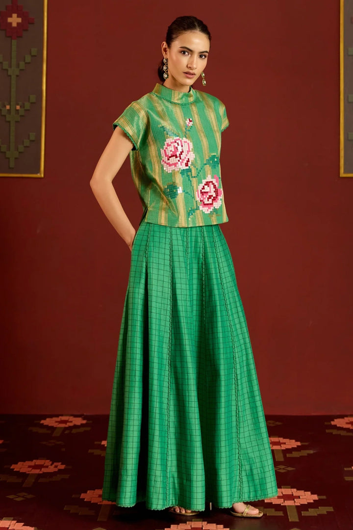 Green Zari Kota Crop Top + Skirt