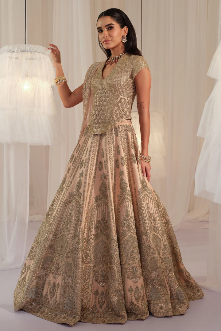 Peach Muted Gold Corset With Lehenga & Dupatta