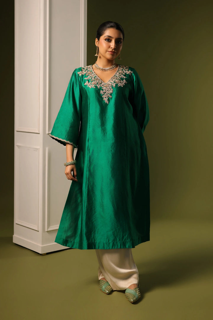 Orchid A-Line Kurta  Set - Bottle Green
