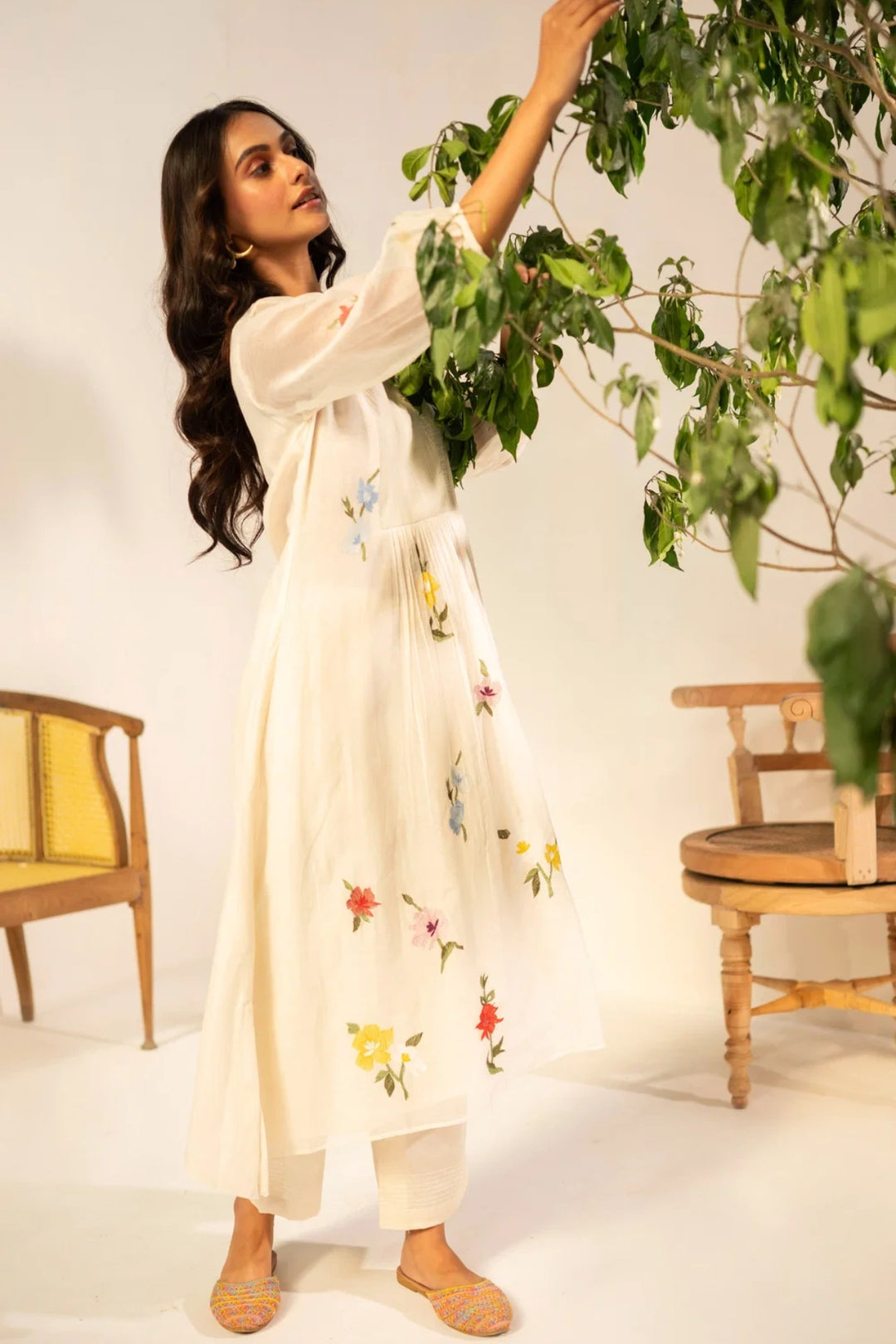Zooni Mul chanderi Tunic Set in Off-white