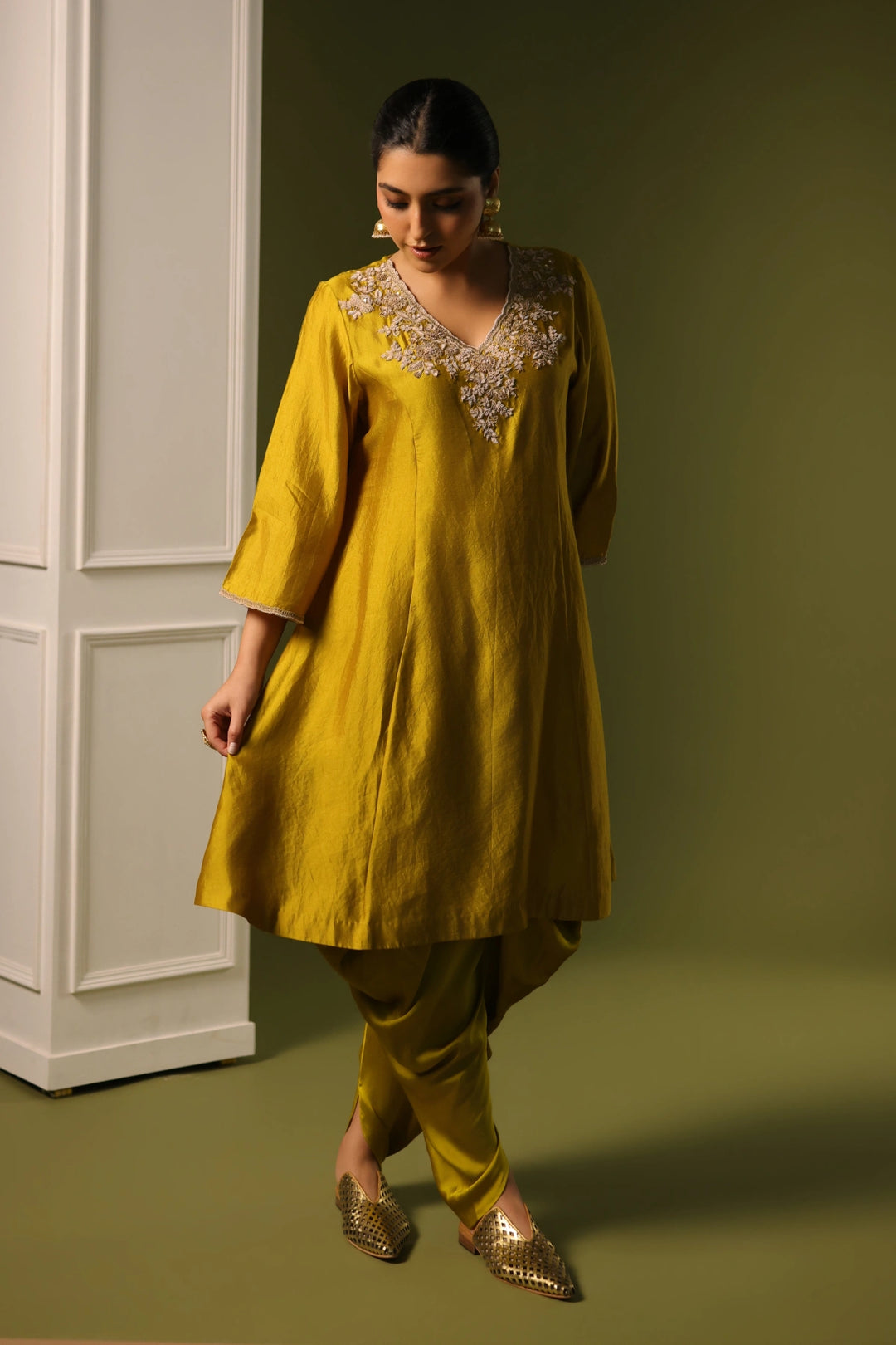 Orchid Short  Kurta - Dhoti Set - Mustard