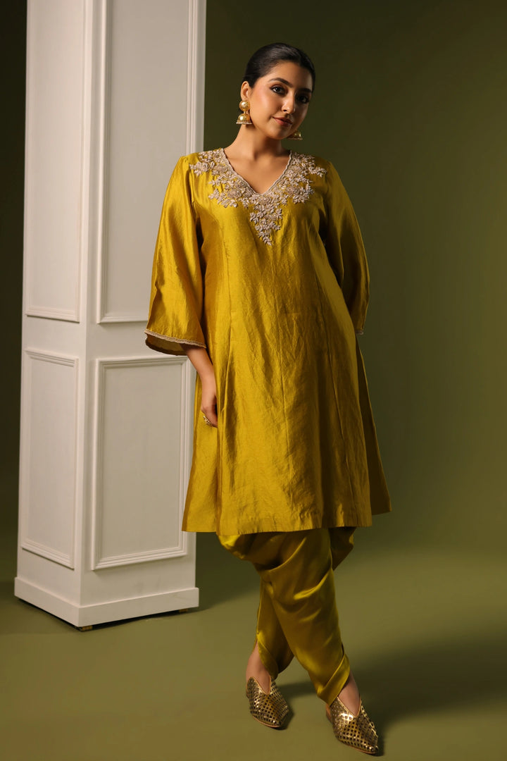 Orchid Short  Kurta - Dhoti Set - Mustard