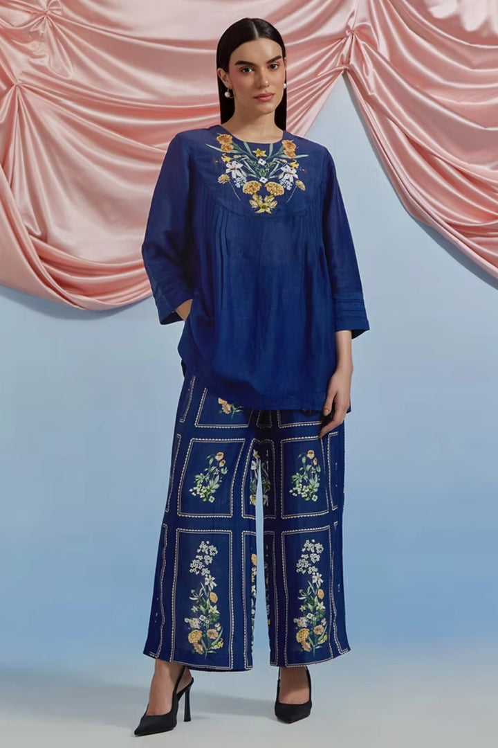 Bouquet pleated Top & Pant set - Airforce Blue
