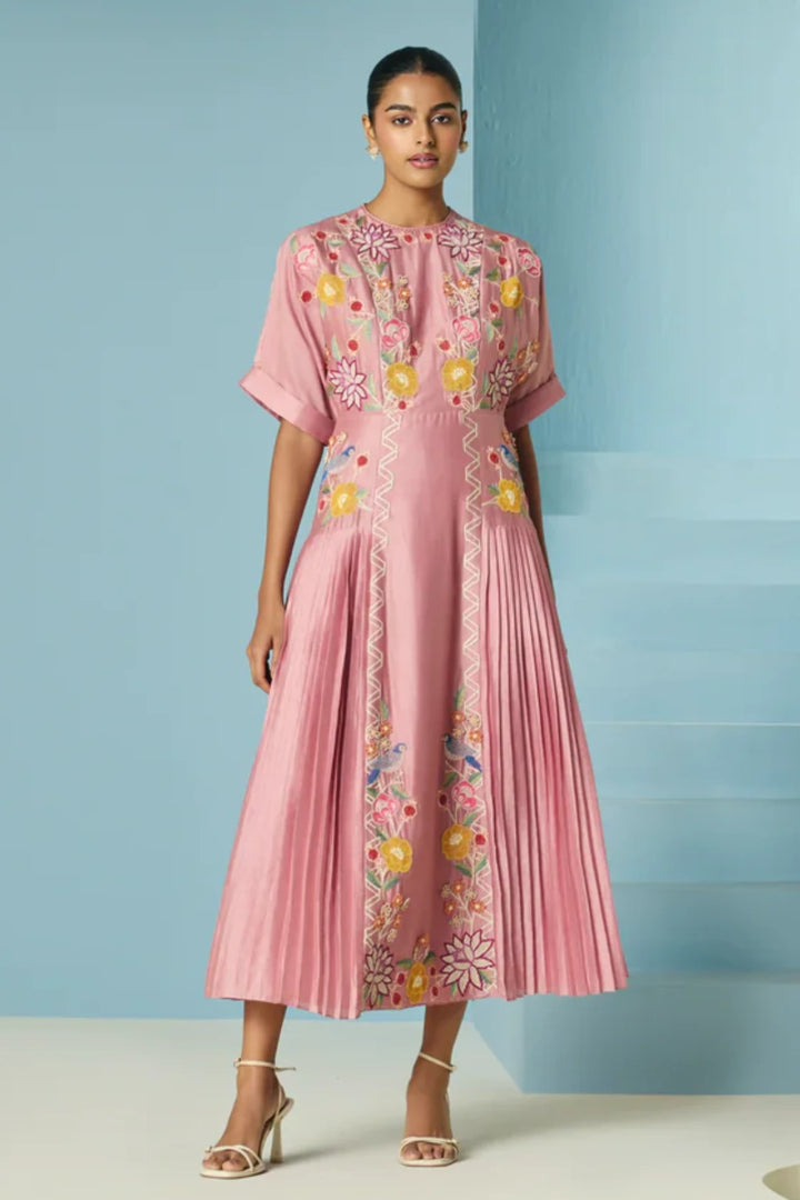 Blush Floral Embroidered Pleated Midi Dress