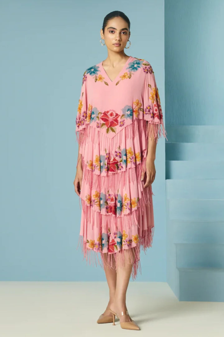 Pink Floral Beadwork Tiered Dress