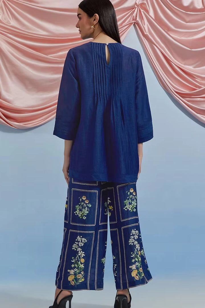Bouquet pleated Top & Pant set - Airforce Blue