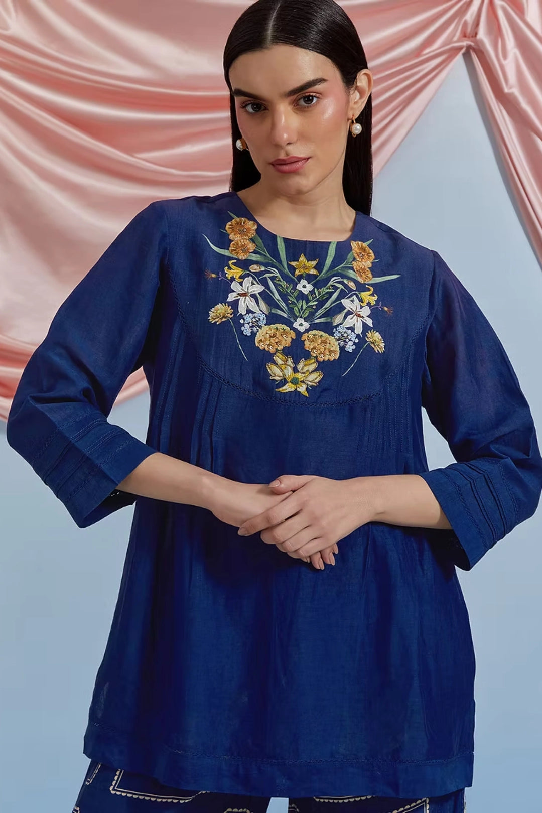 Bouquet pleated Top & Pant set - Airforce Blue