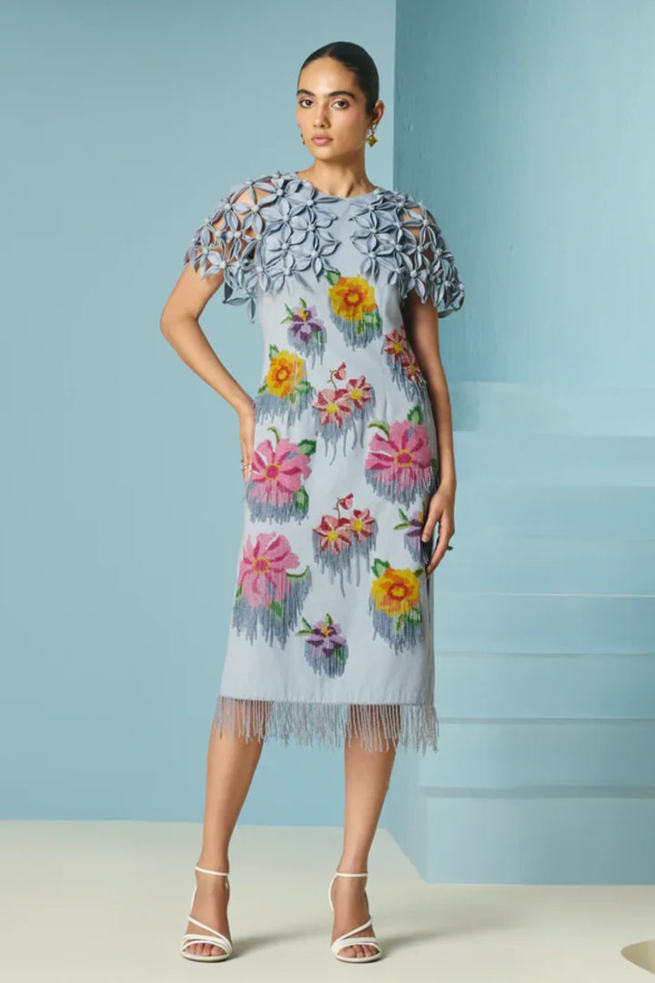 Powder Blue Floral Beadwork Cape Dress