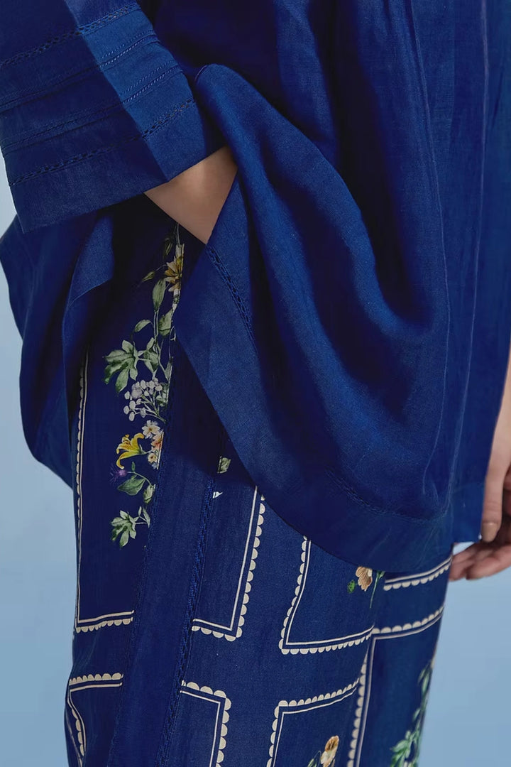 Bouquet pleated Top & Pant set - Airforce Blue