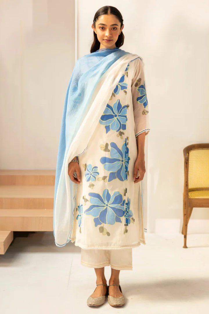 Zoya Mul Chanderi Kurta Set in Off-White