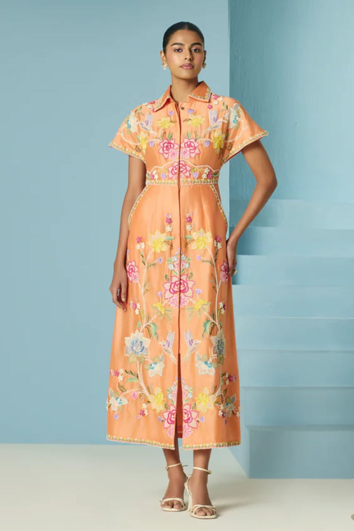 Orange Embroidered Shirt Dress