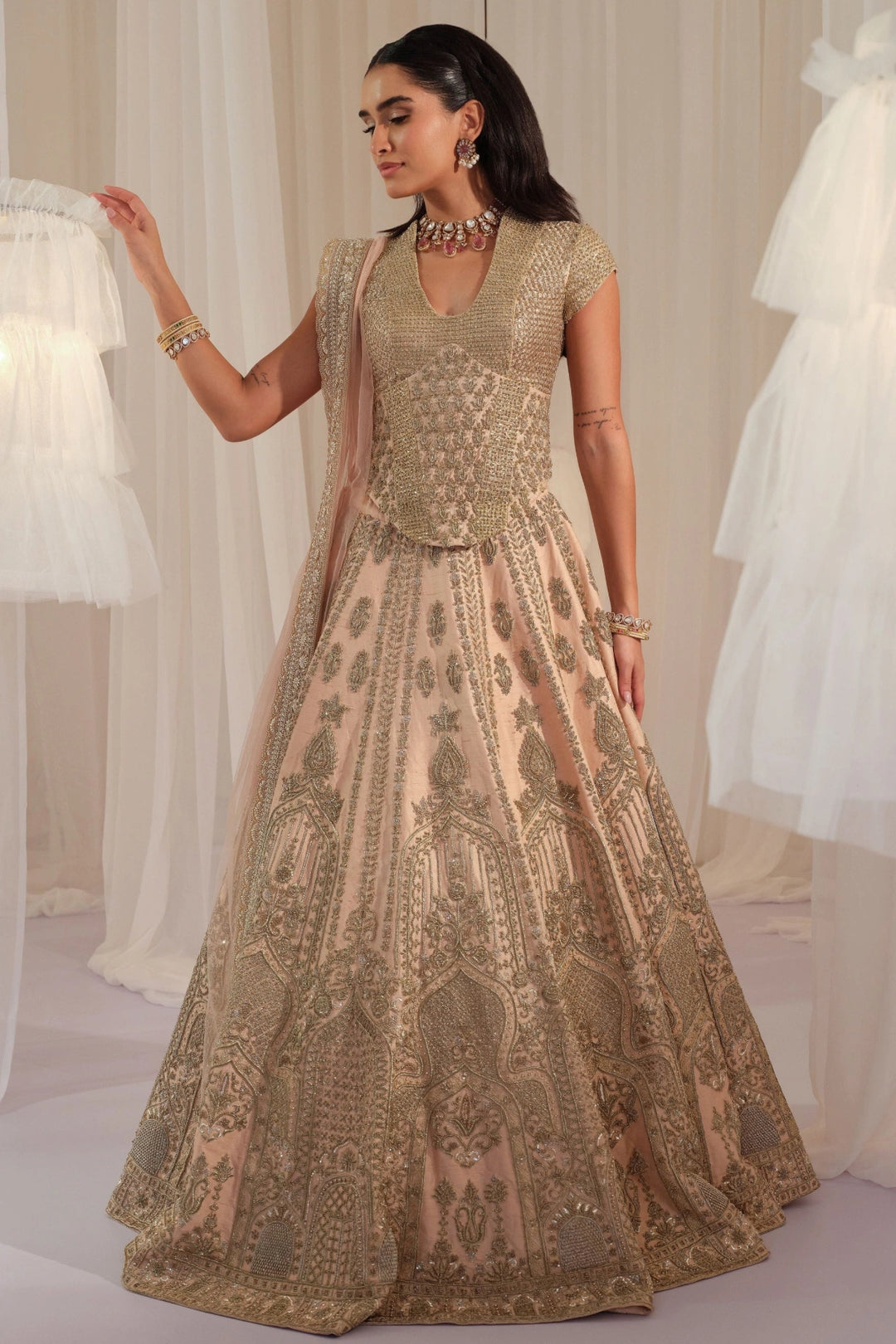 Peach Muted Gold Corset With Lehenga & Dupatta