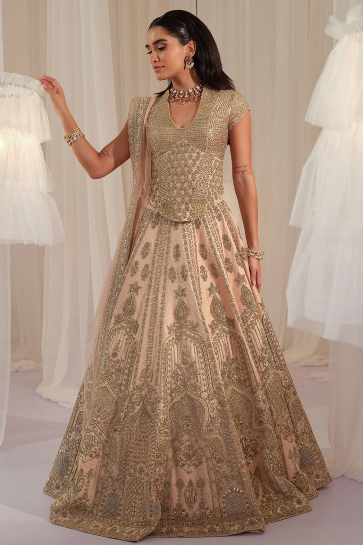 Peach Muted Gold Corset With Lehenga & Dupatta