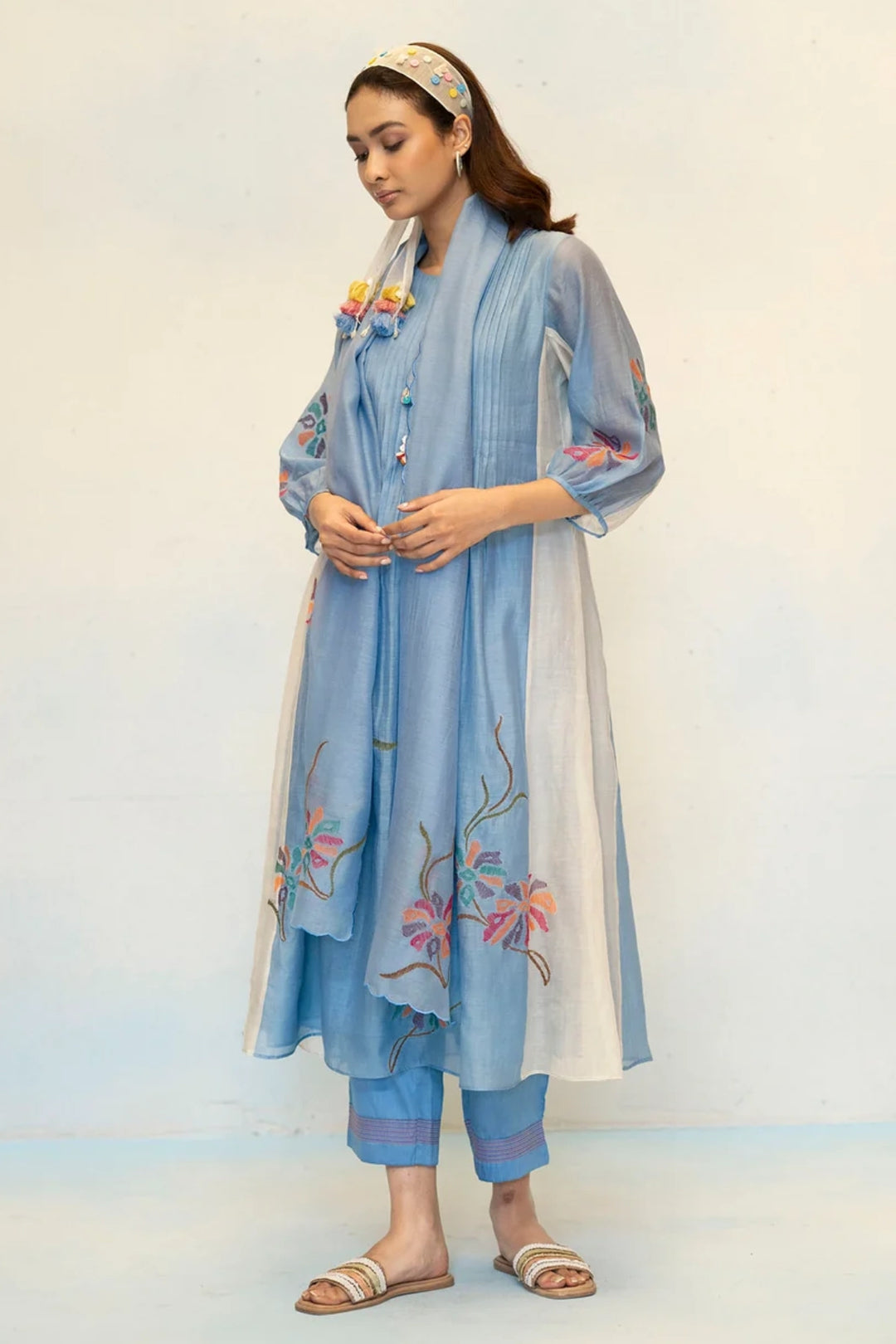 Meher Mul Chanderi Tunic Set in Blue