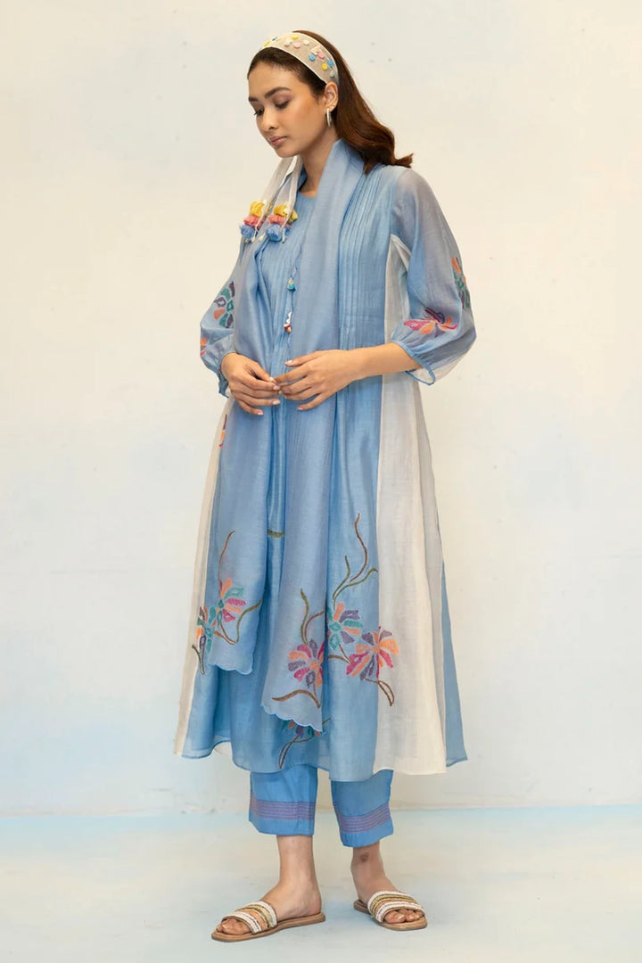 Meher Mul Chanderi Tunic Set in Blue