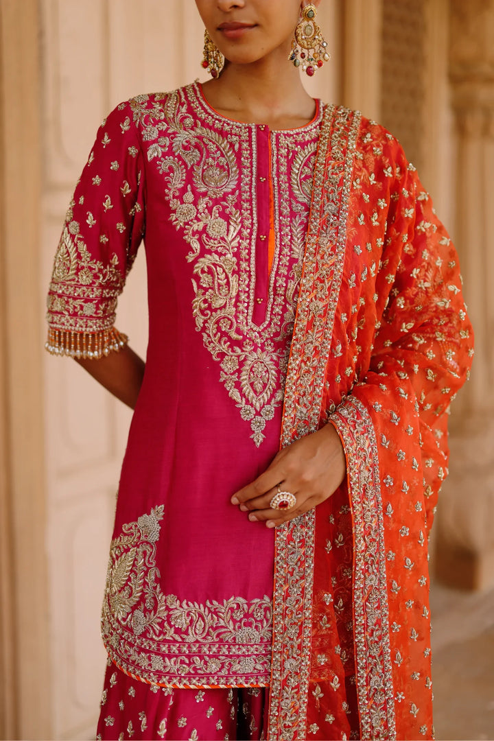 Maysam - Hot Pink Kurta Set with Sharara & Dupatta